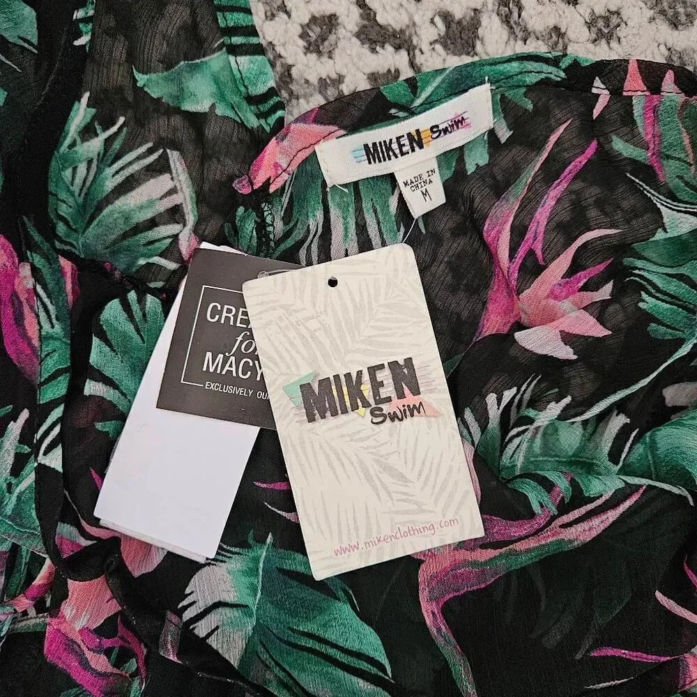 Miken Black and Green Palm and Floral Print Sheer Swim Coverup Size Medium